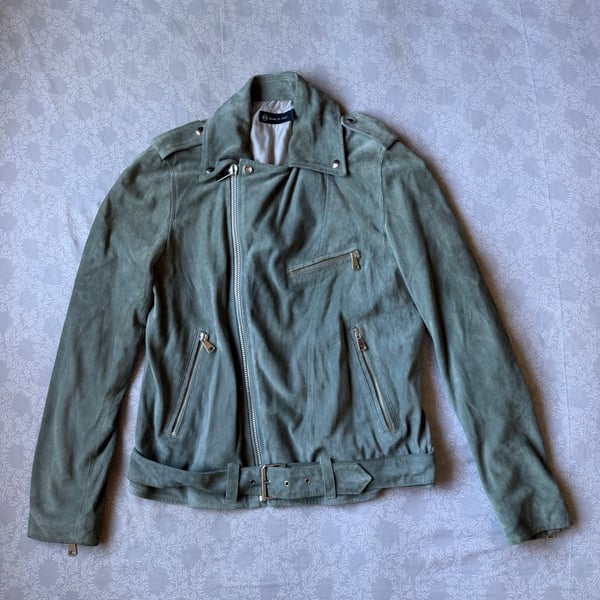 AG Adriano Goldschmied Suede Moto Jacket Green Sage Belted Made In Italy Women S