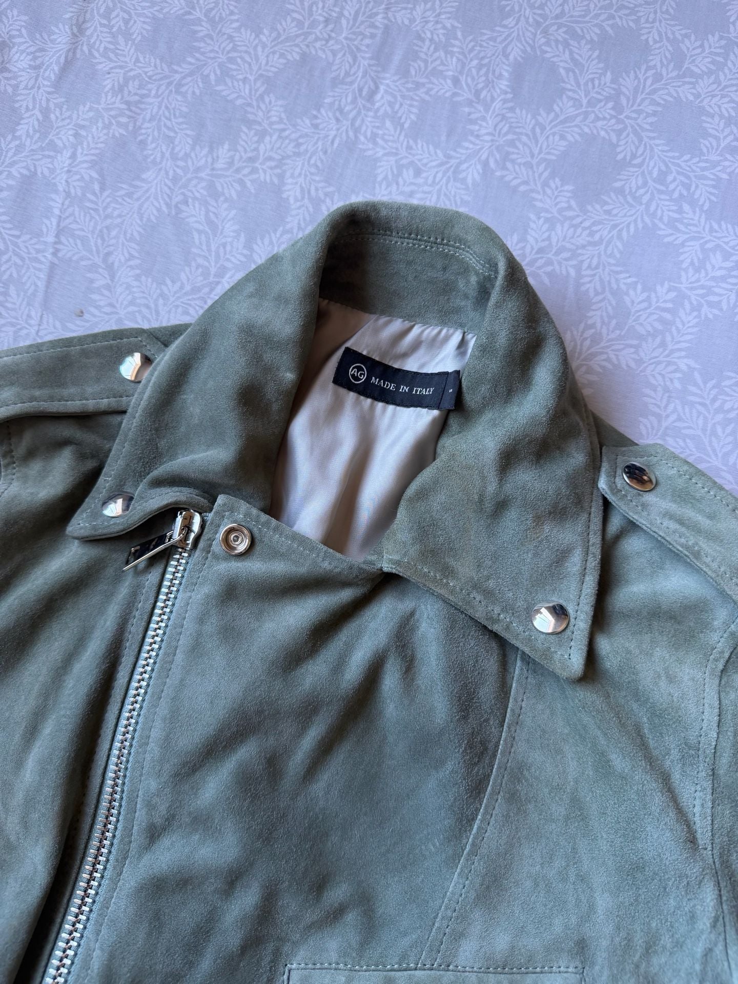 AG Adriano Goldschmied Suede Moto Jacket Green Sage Belted Made In Italy Women S 7