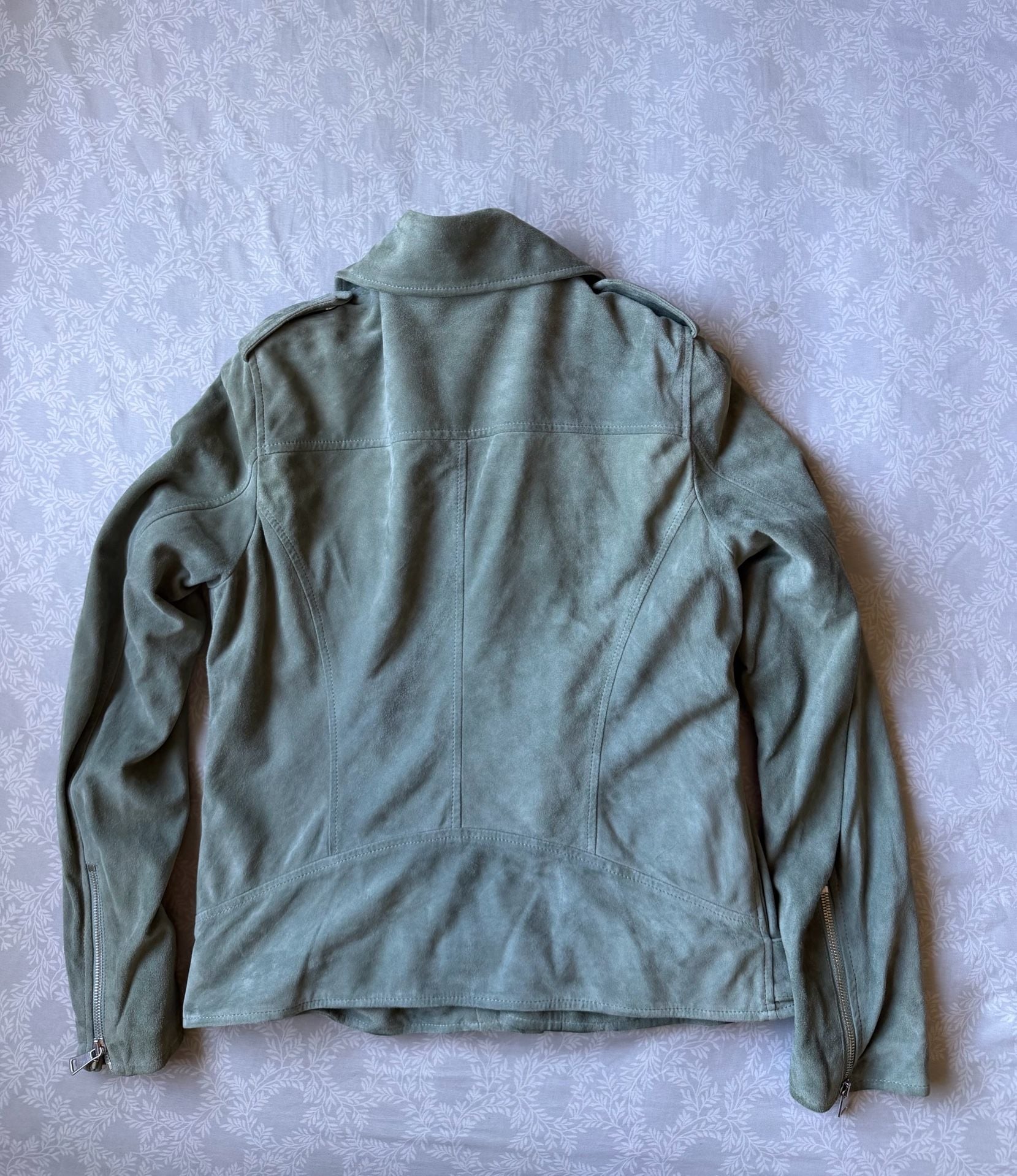 AG Adriano Goldschmied Suede Moto Jacket Green Sage Belted Made In Italy Women S 12