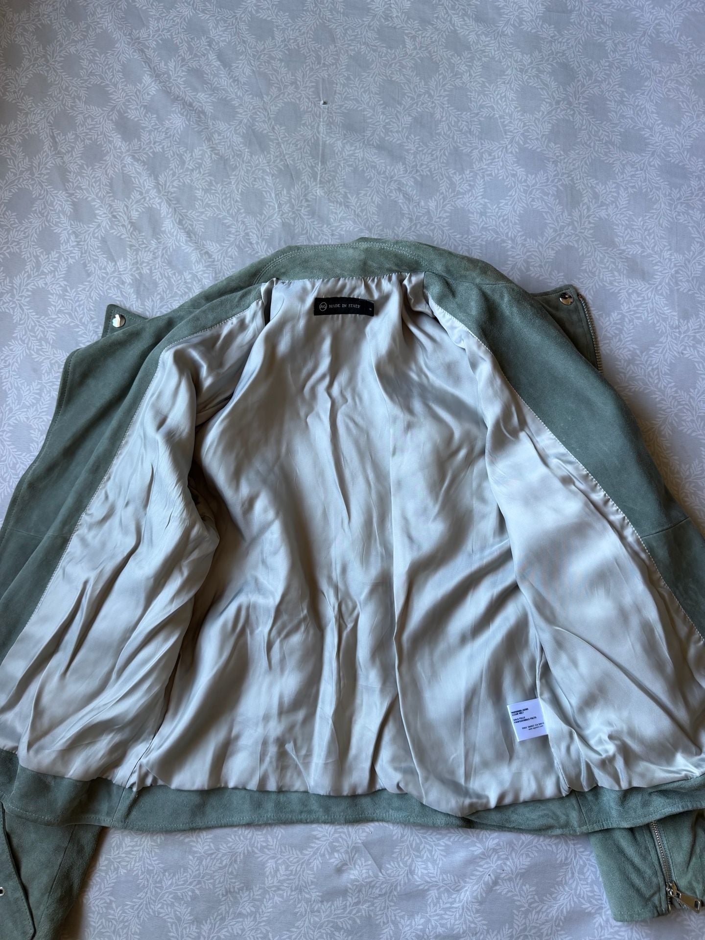 AG Adriano Goldschmied Suede Moto Jacket Green Sage Belted Made In Italy Women S 13