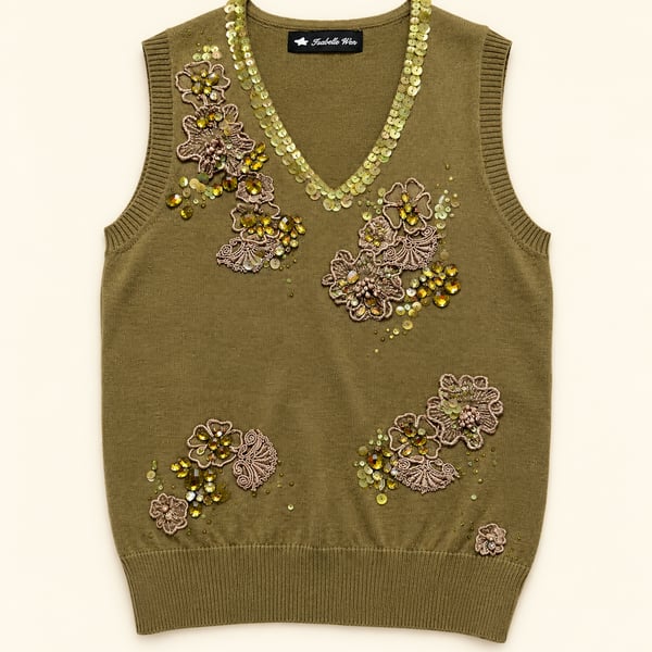 Isabelle Wen Olive Embellished Floral Sequin Beaded Knit Sweater Vest M