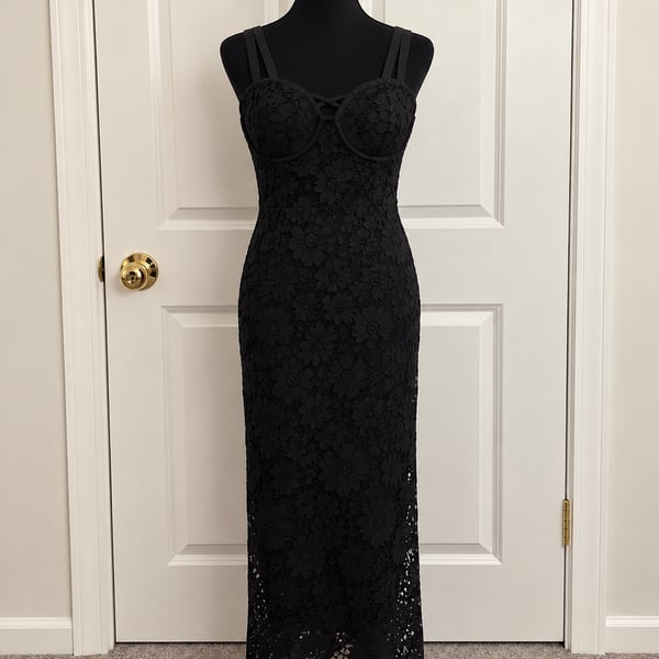 TA3 Seamed Lushy Pencil Midi Shapewear Dress Medium Lace Black