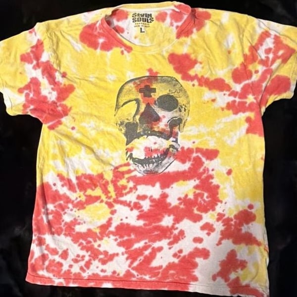 Seven Souls Tie Dye Skull T-Shirt Size L Yellow Red White