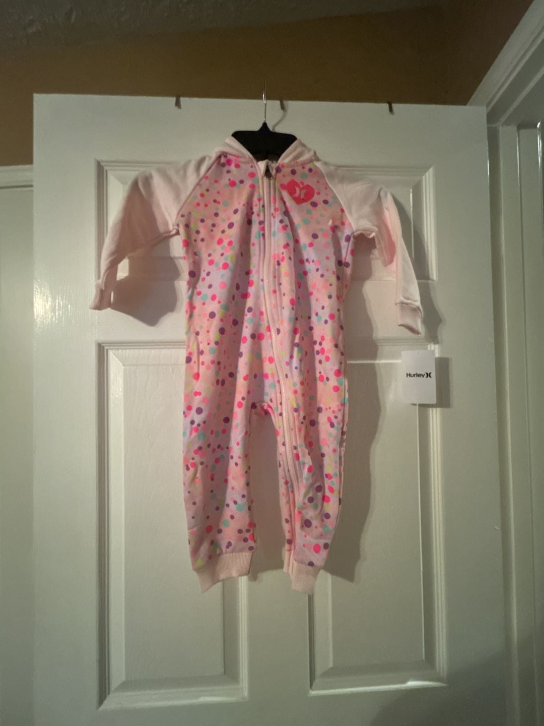 Hurley Pink Polka Dot Zip Hoodie Romper 24M 2