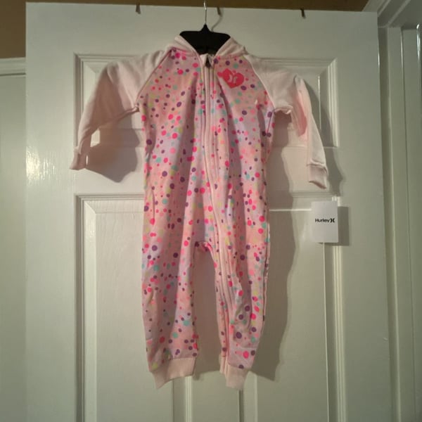Hurley Pink Polka Dot Zip Hoodie Romper 24M