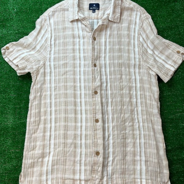Ben Sherman Short Sleeve Button-Up Shirt Size L Beige White Striped
