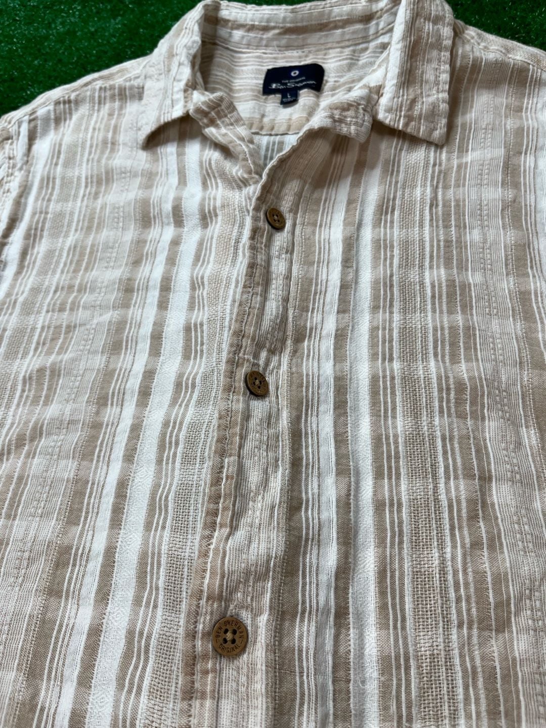 Ben Sherman Short Sleeve Button-Up Shirt Size L Beige White Striped 5