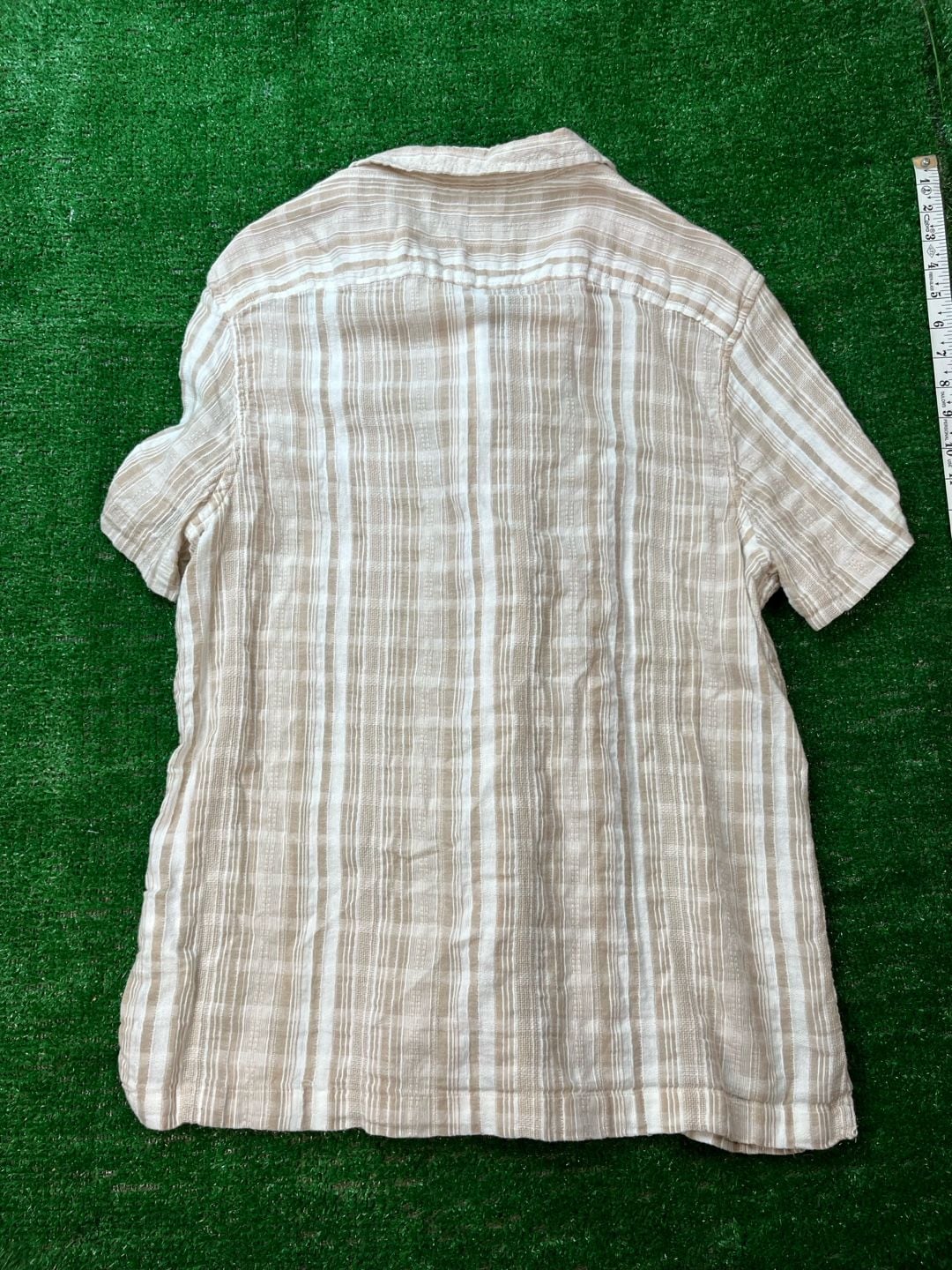 Ben Sherman Short Sleeve Button-Up Shirt Size L Beige White Striped 8