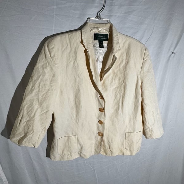 Lauren Ralph Lauren Womens Blazer Linen Button Preppy Ivory 16