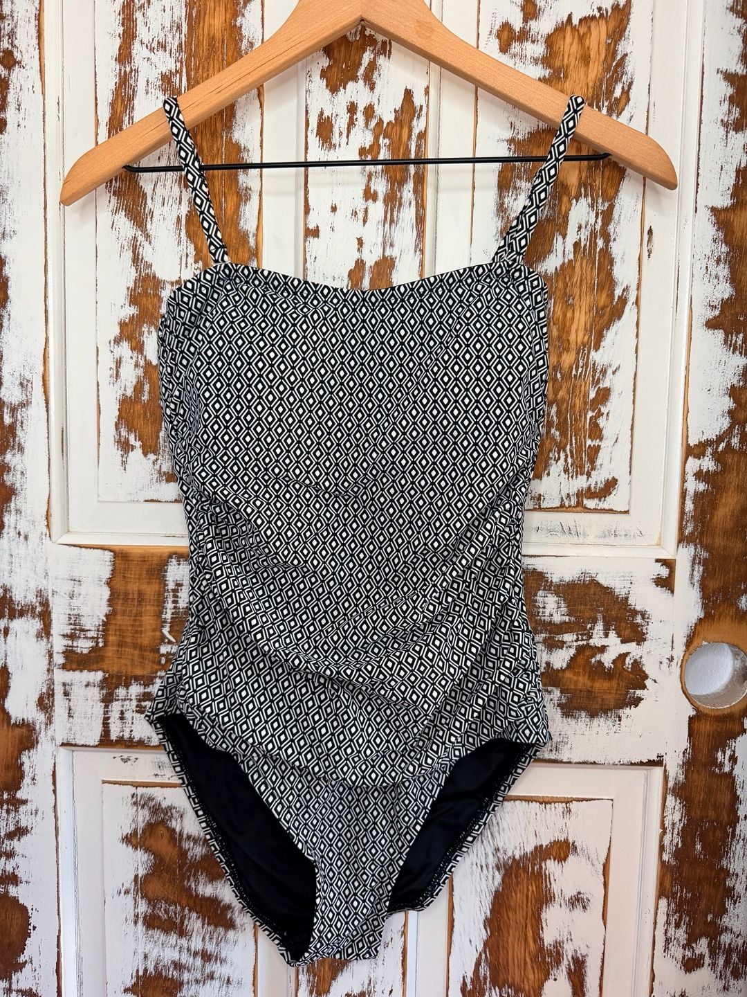 DKNY One Piece Swimsuit Ruched Size Small Black White Geometric Print 2