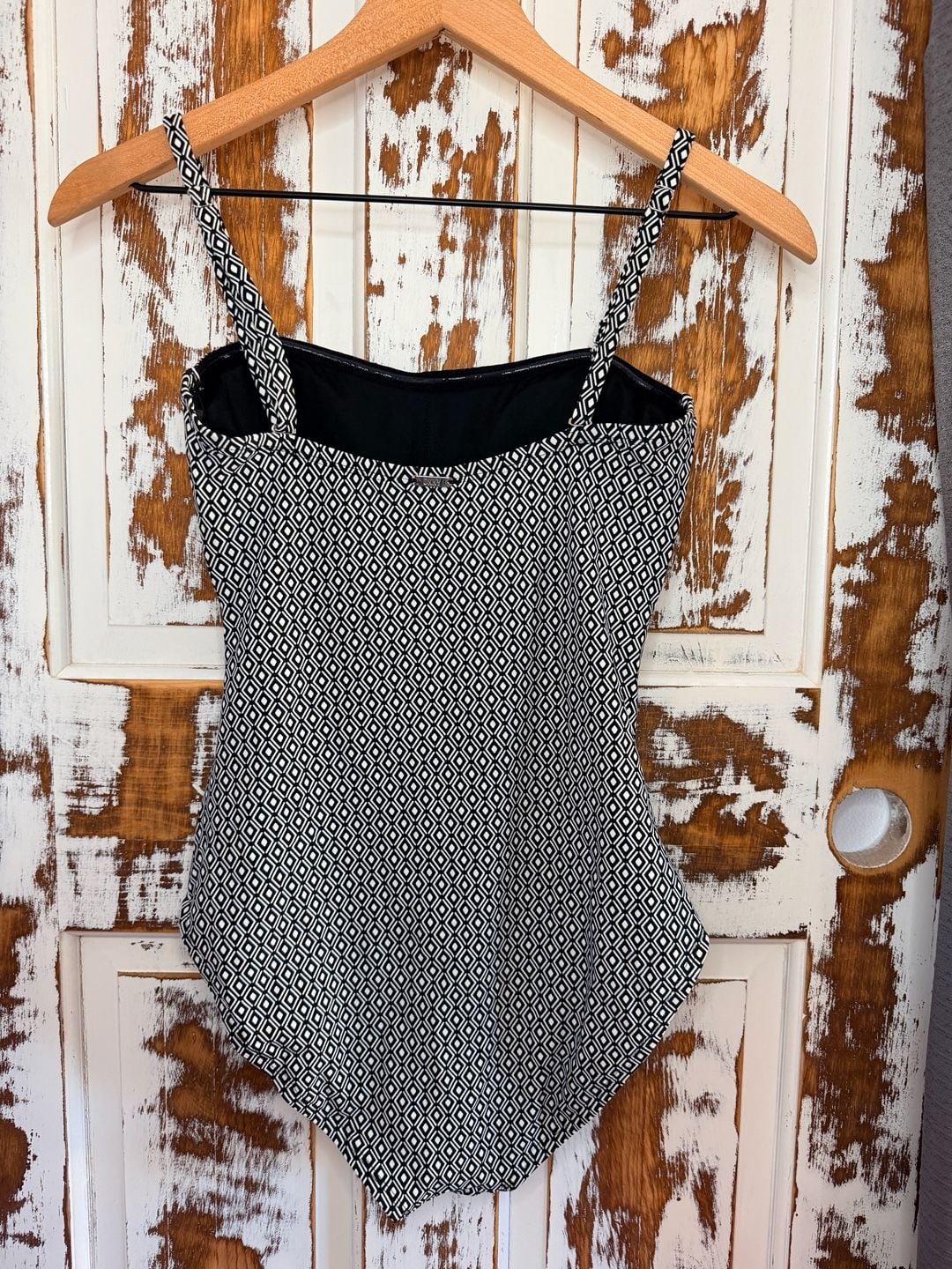 DKNY One Piece Swimsuit Ruched Size Small Black White Geometric Print 3
