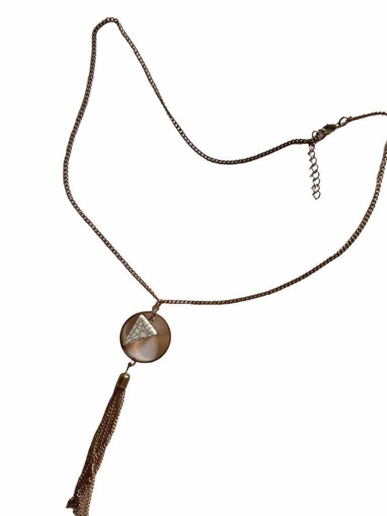 Boho Gold Tassel Necklace With Marble Stone Pendant 2