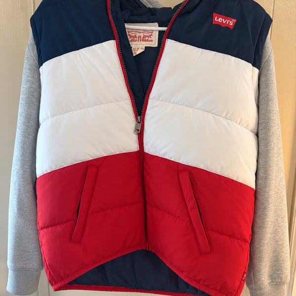 Levi's Boys Hooded Puffer Jacket Size 12-13 Years Red White Blue Striped Hoodie