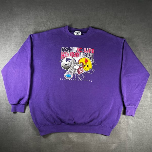 Vintage Lee Pacific Life Holiday Bowl 2002 Purple Graphic Crewneck Size XL 