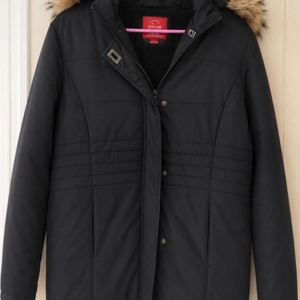 Oscar Women's Black Quilted Down Coat with Faux Fur Trim Hood Medium