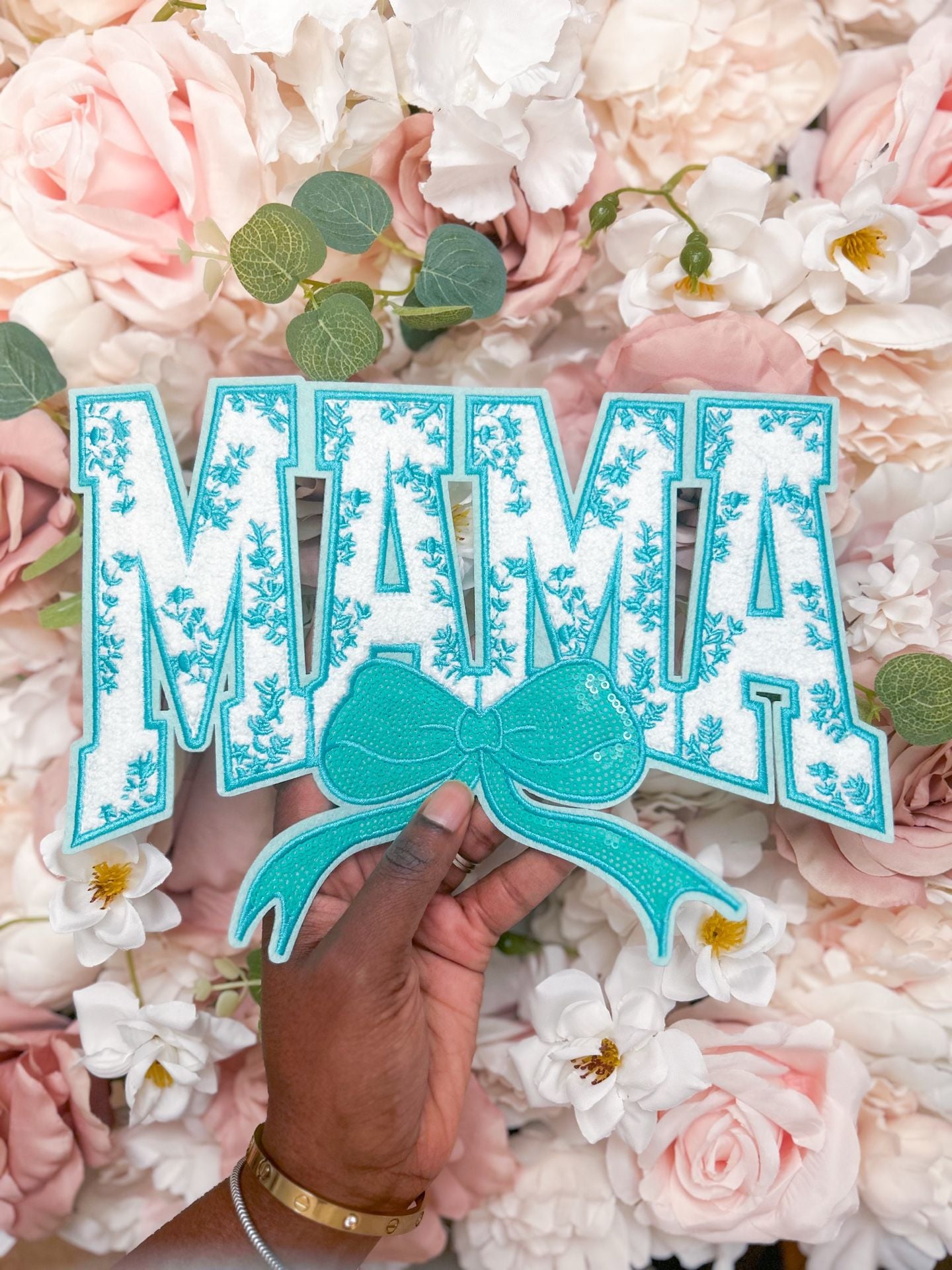 Mama Floral Aqua Sequin Bow Chenille Iron-On Patch 1