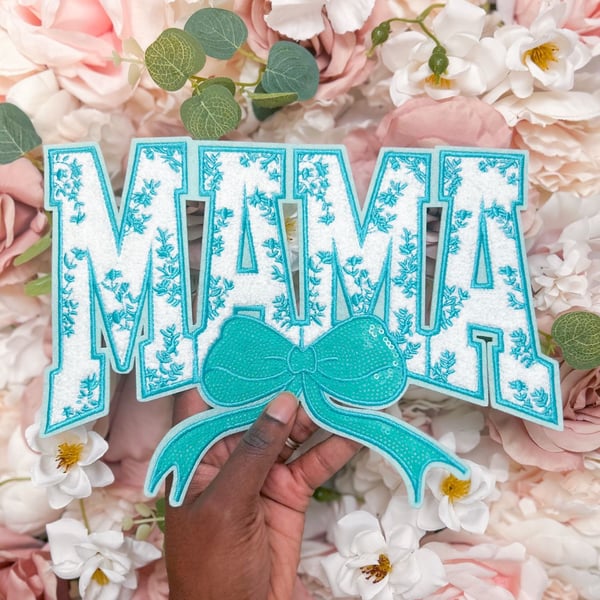 Mama Floral Aqua Sequin Bow Chenille Iron-On Patch