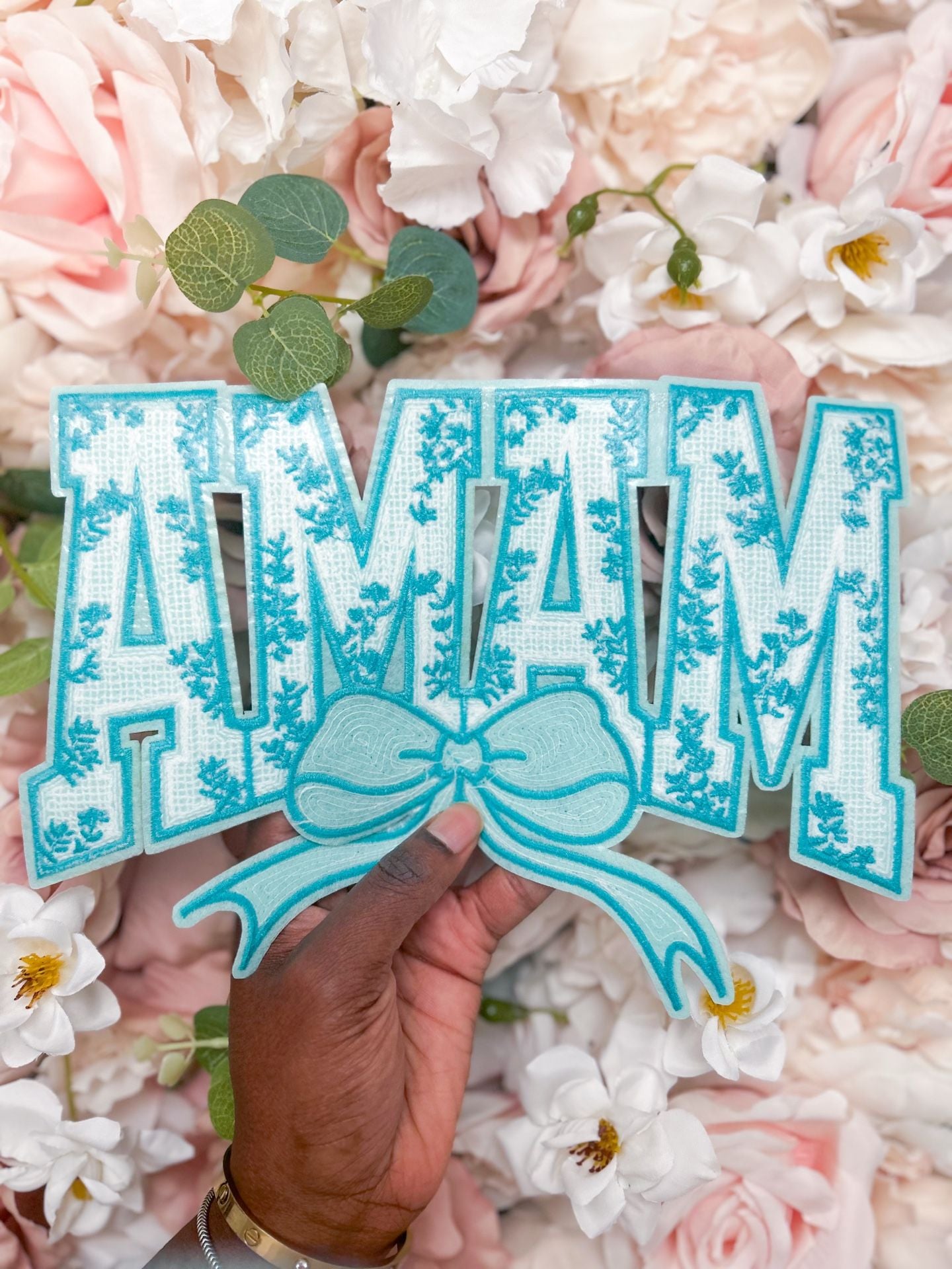 Mama Floral Aqua Sequin Bow Chenille Iron-On Patch 2