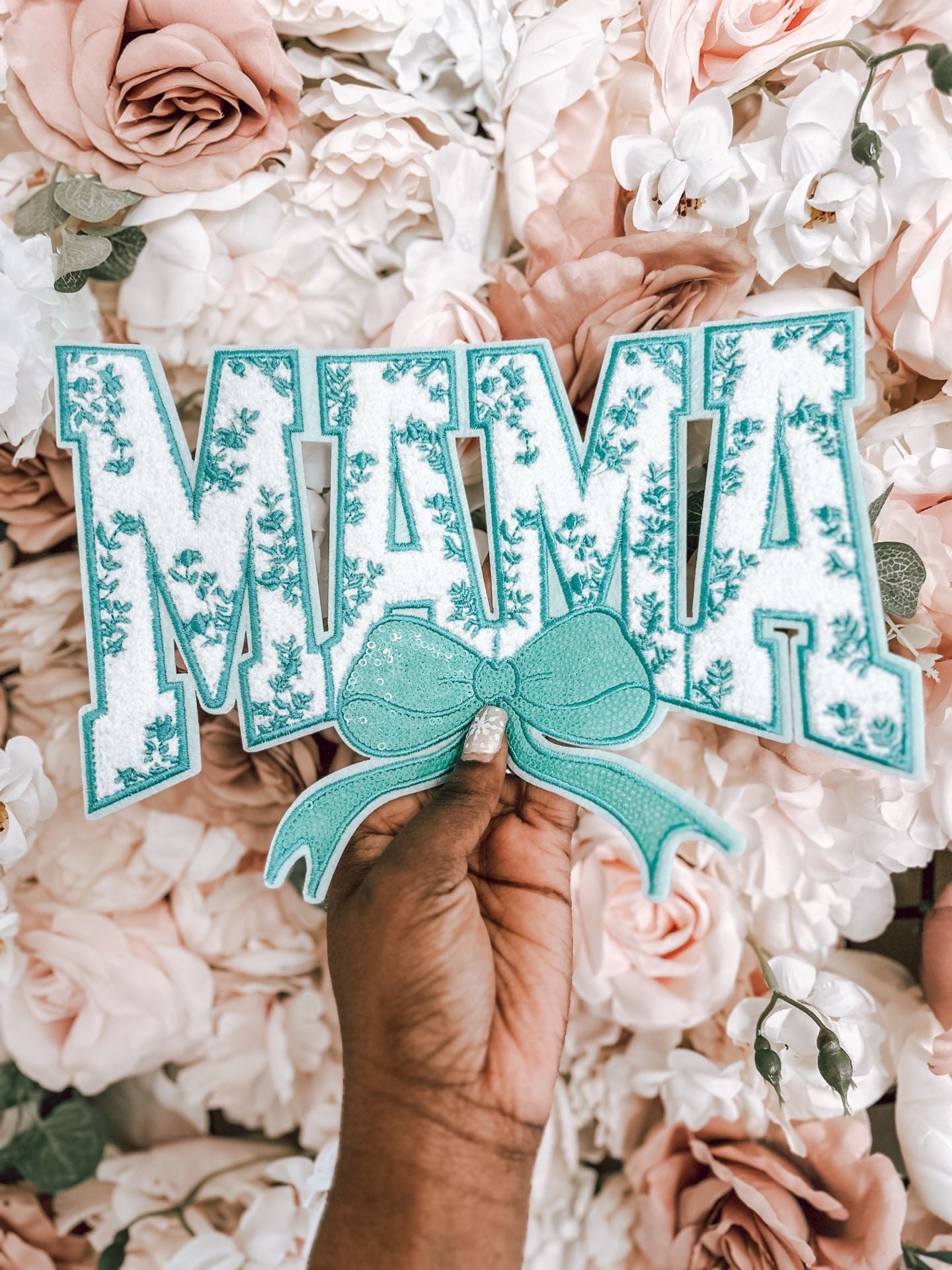 Mama Floral Aqua Sequin Bow Chenille Iron-On Patch 3