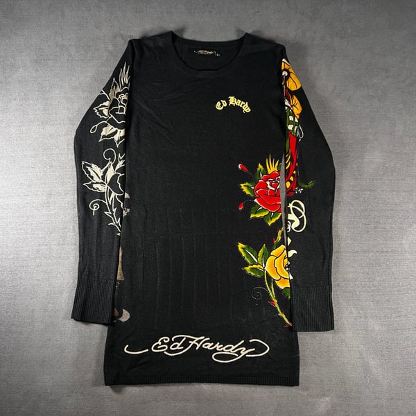 Y2K Ed Hardy Long Sleeve Knit Dress Size Small Black Tattoo Graphic Print Grunge
