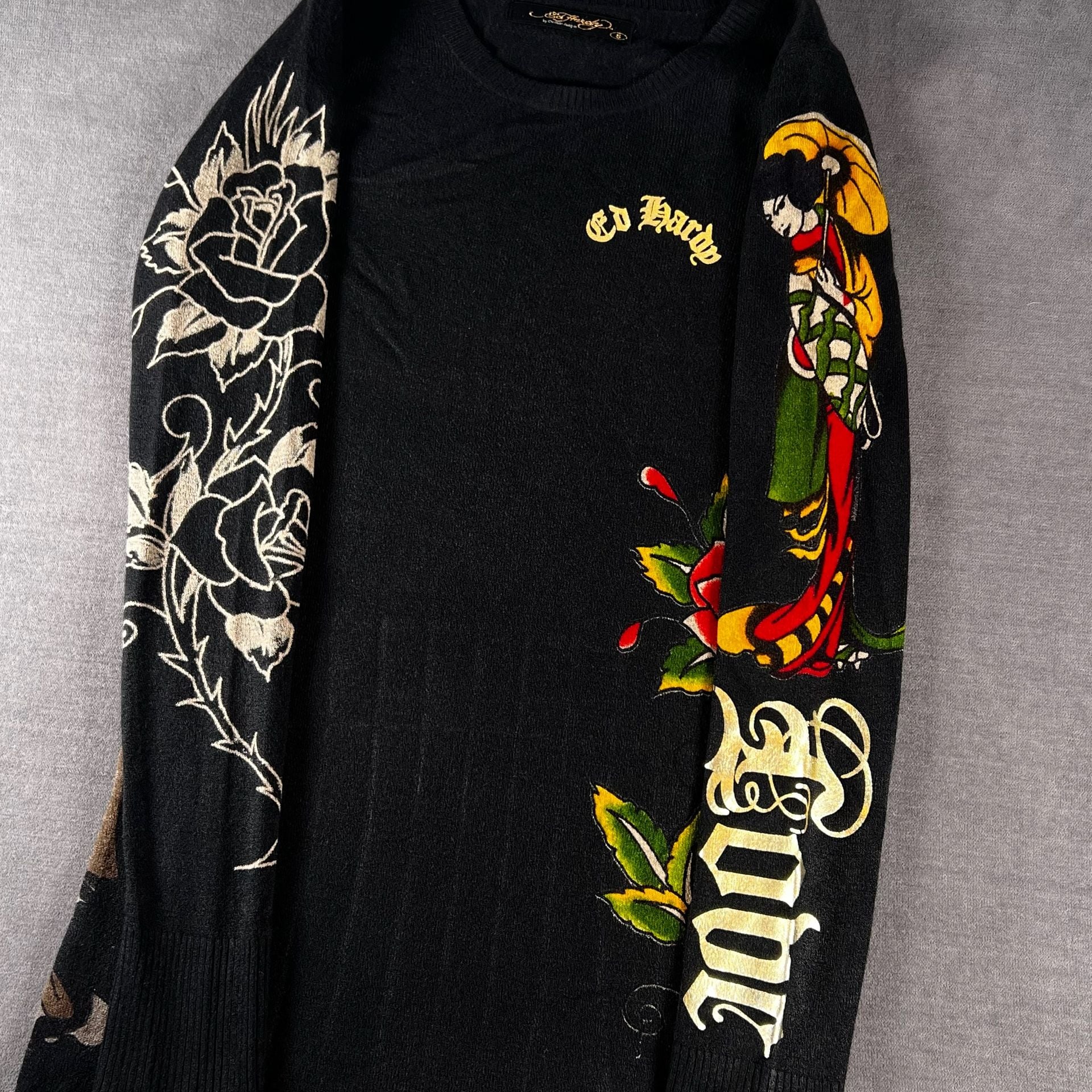 Y2K Ed Hardy Long Sleeve Knit Dress Size Small Black Tattoo Graphic Print Grunge 4