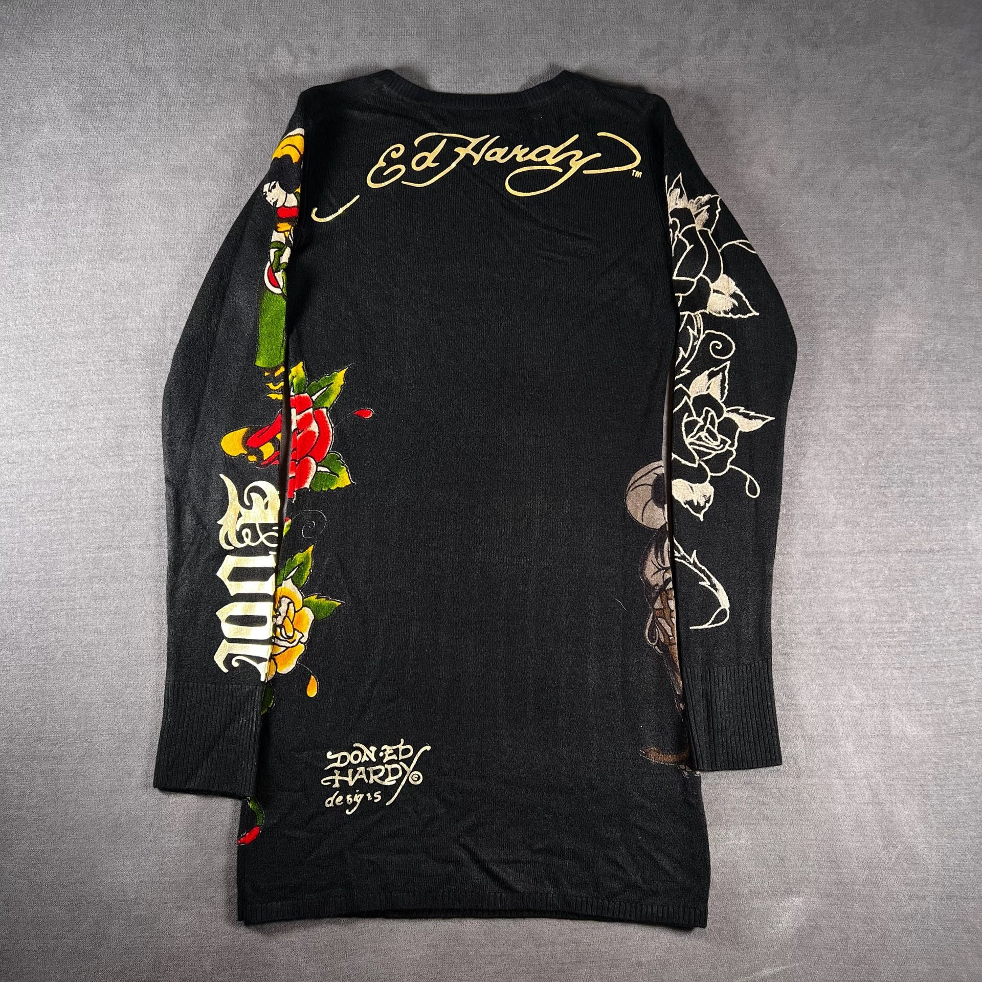 Y2K Ed Hardy Long Sleeve Knit Dress Size Small Black Tattoo Graphic Print Grunge 8