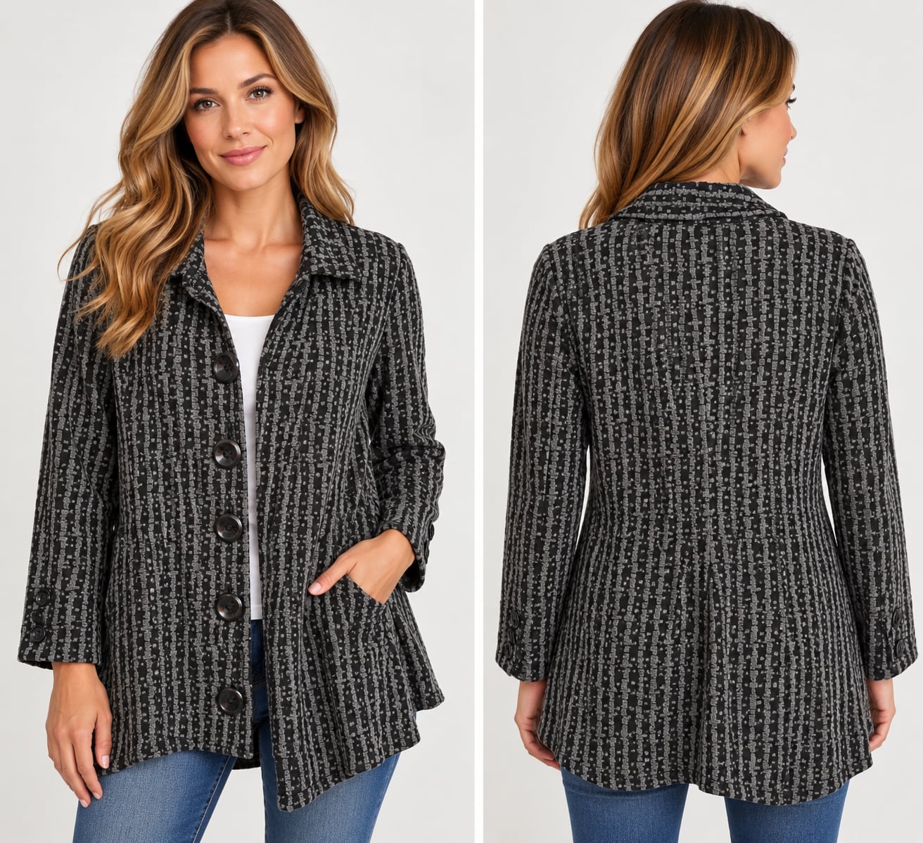 Tulip Black and Gray Geometric Pattern Long jacket pockets Small 34.5 “ 2