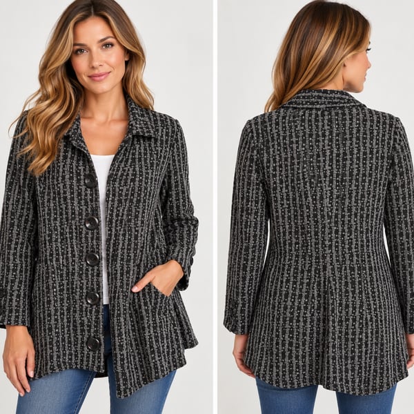 Tulip Black and Gray Geometric Pattern Long jacket pockets Small 34.5 “