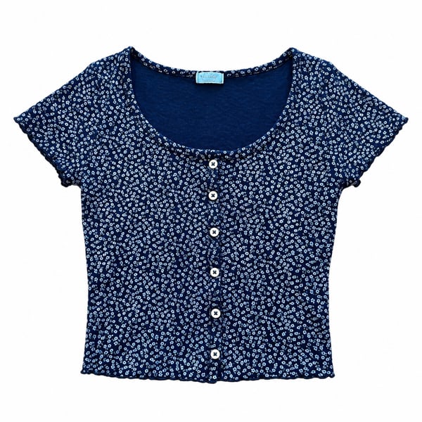 Brandy Melville Navy Blue Ditsy Floral Button Front Top Short Sleeve Scoop Neck