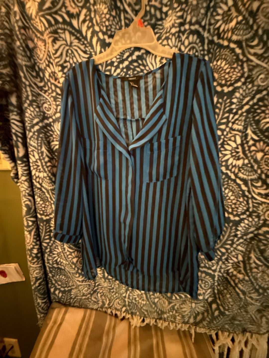 Forever 21 Blue and Black Striped Button-Down Blouse Size S 2