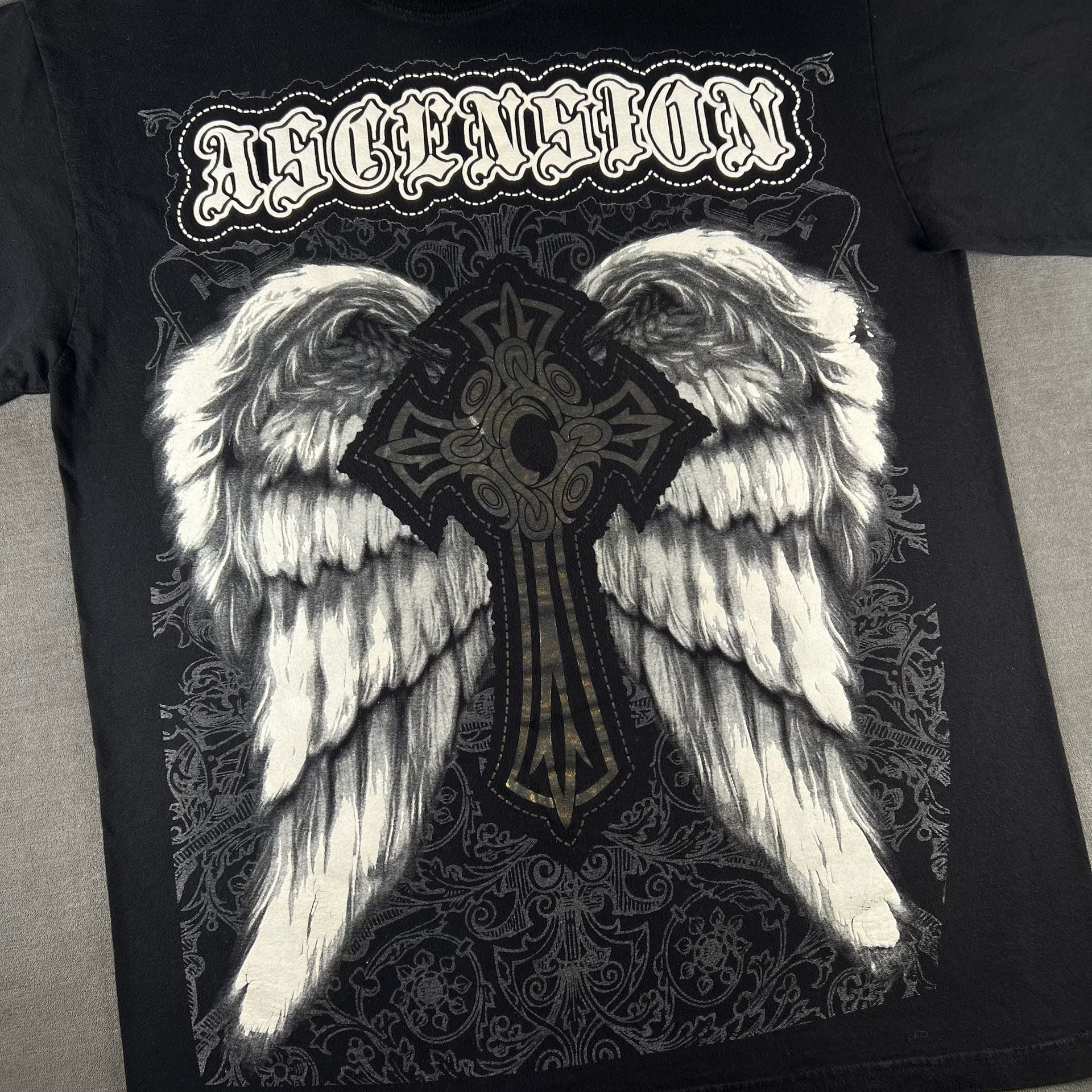 Y2K Atoo Griffin Ascension Wings Cross Black Graphic T-Shirt Size 2XL Grunge 3