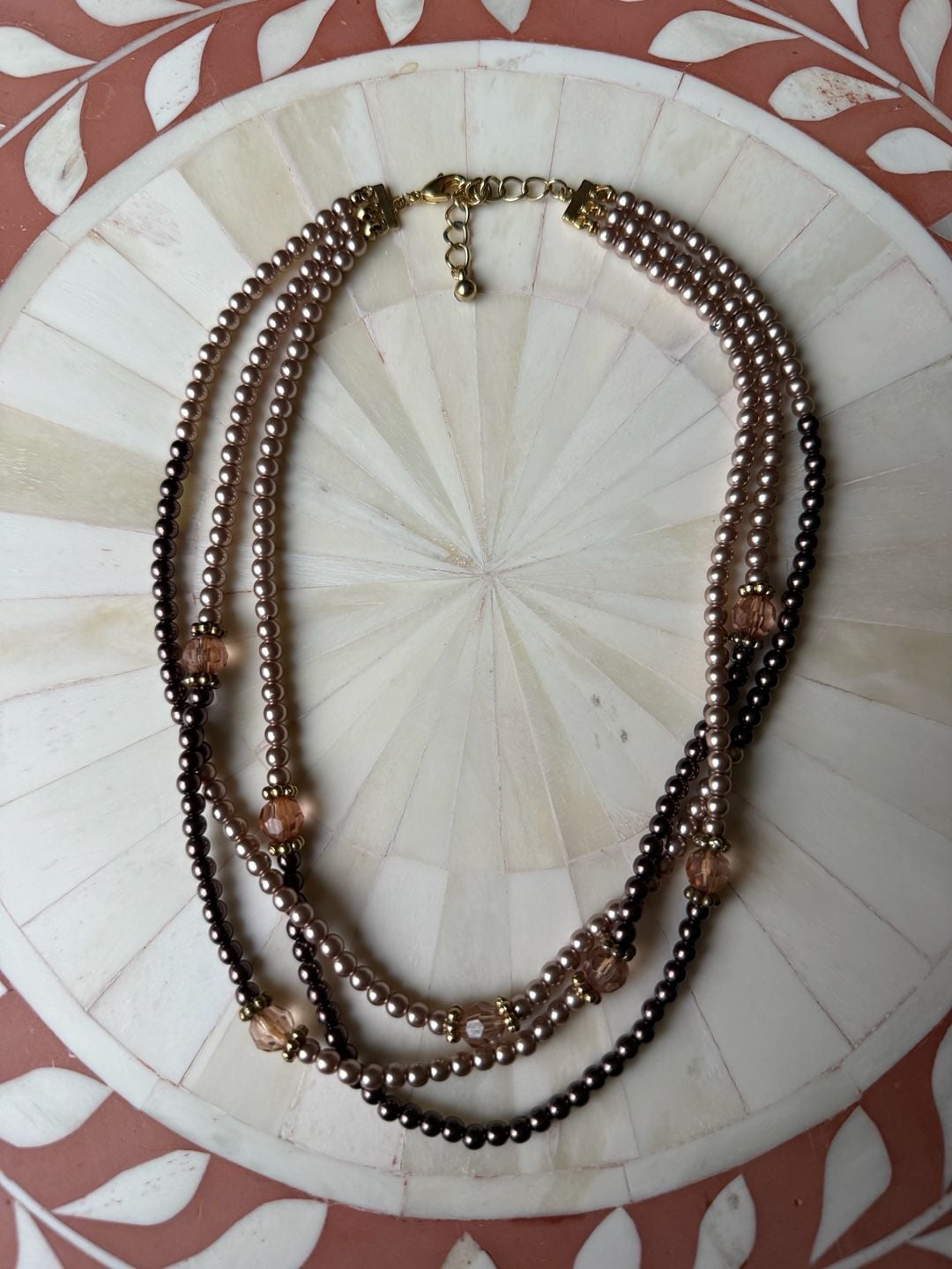 Vintage Multi Strand Beaded Necklace Brown Gold Tone Lobster Clasp 2