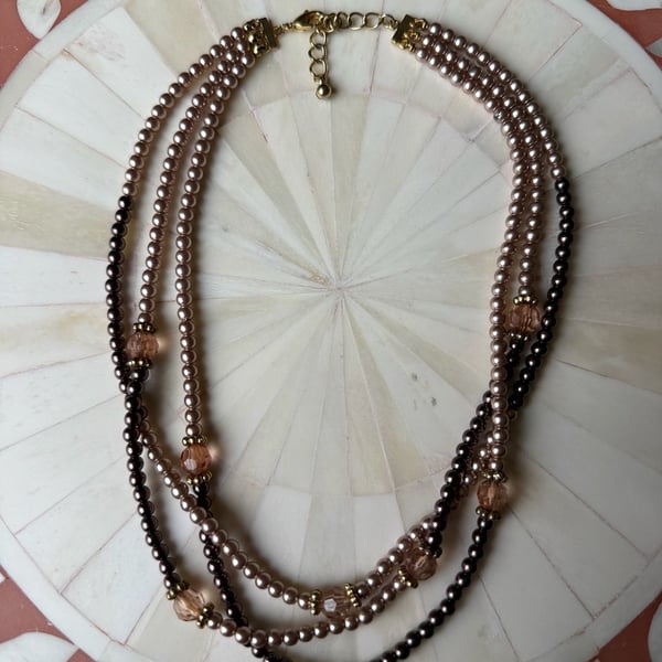 Vintage Multi Strand Beaded Necklace Brown Gold Tone Lobster Clasp
