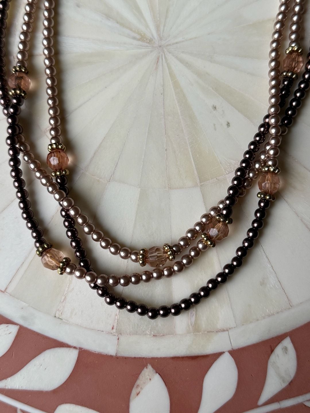 Vintage Multi Strand Beaded Necklace Brown Gold Tone Lobster Clasp 3