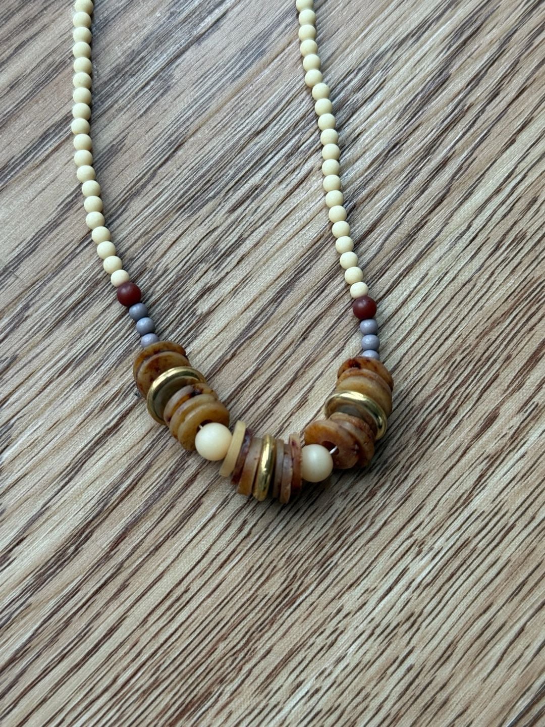 Vintage Beaded Necklace with Wooden and Acrylic Beads and Gold Tone Clasp 3