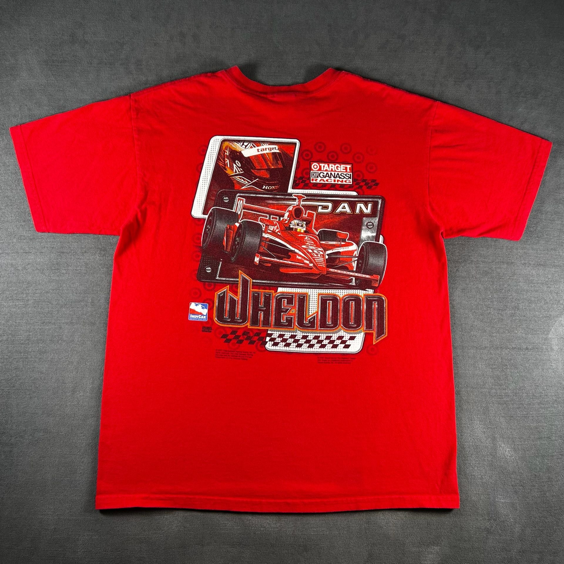 Vintage Anvil x Dan Wheldon NASCAR Red Indycar Racing Graphic T-Shirt Size Large 7