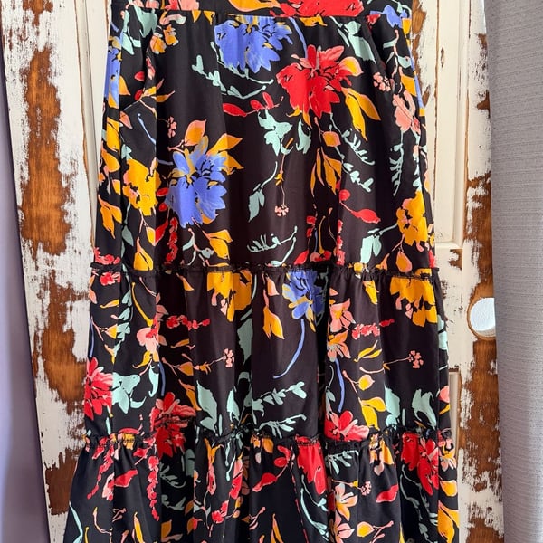 Pact Black Floral Tiered Maxi Skirt Size M Organic Cotton Cottagecore Boho
