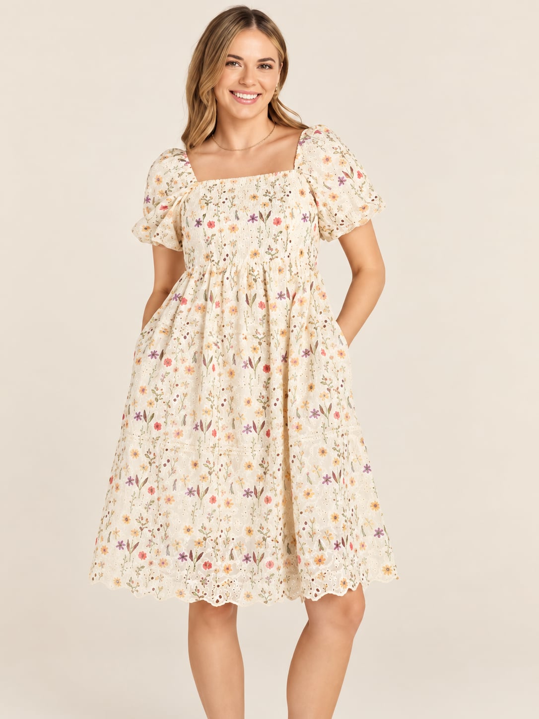 Leia & Co Floral Smocked Mini Dress Ivory XL 2