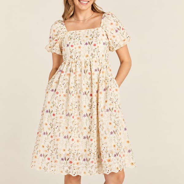 Leia & Co Floral Smocked Mini Dress Ivory XL