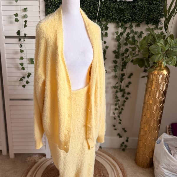 Shein Pastel Yellow Fuzzy Cardigan and Skirt Set Size L