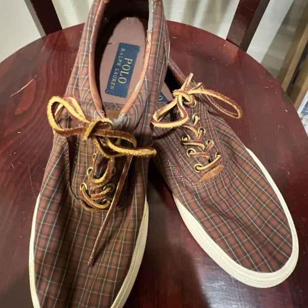 Polo Ralph Lauren Vaughn Shoes Size 9.5D Plaid Fabric Leather Upper