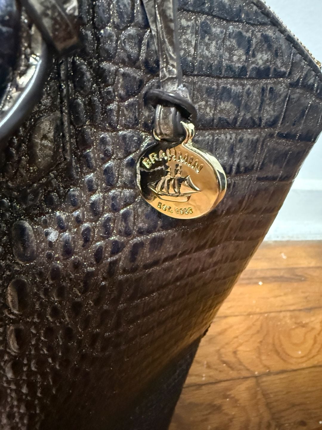 Brahmin Duxbury Large Satchel Bag Black Croc Embossed Leather 4