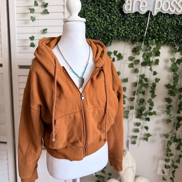 Fashion Nova Cropped Full Zip Hoodie Brown Fleece Sweatshirt Jacket