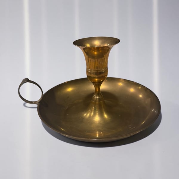 Vintage Brass Chamber Candlestick Holder with Drip Tray and Finger Loop