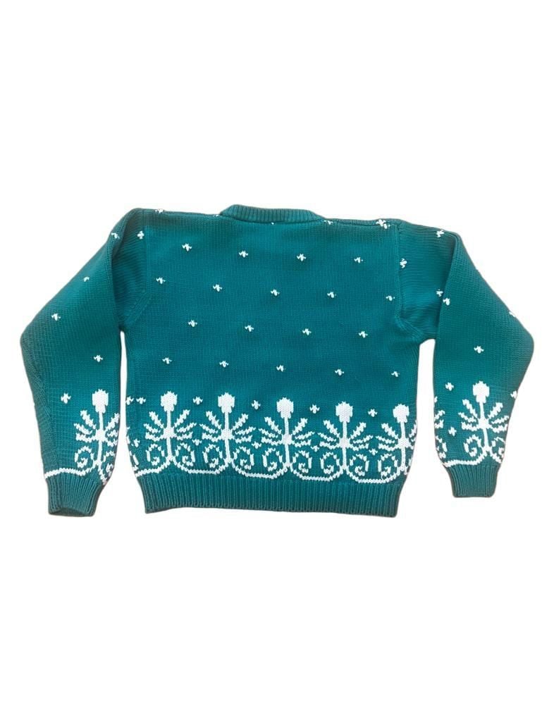 Vintage Nordstrom Point of View Sweater Womens M Teal Green Floral 100% Cotton 8