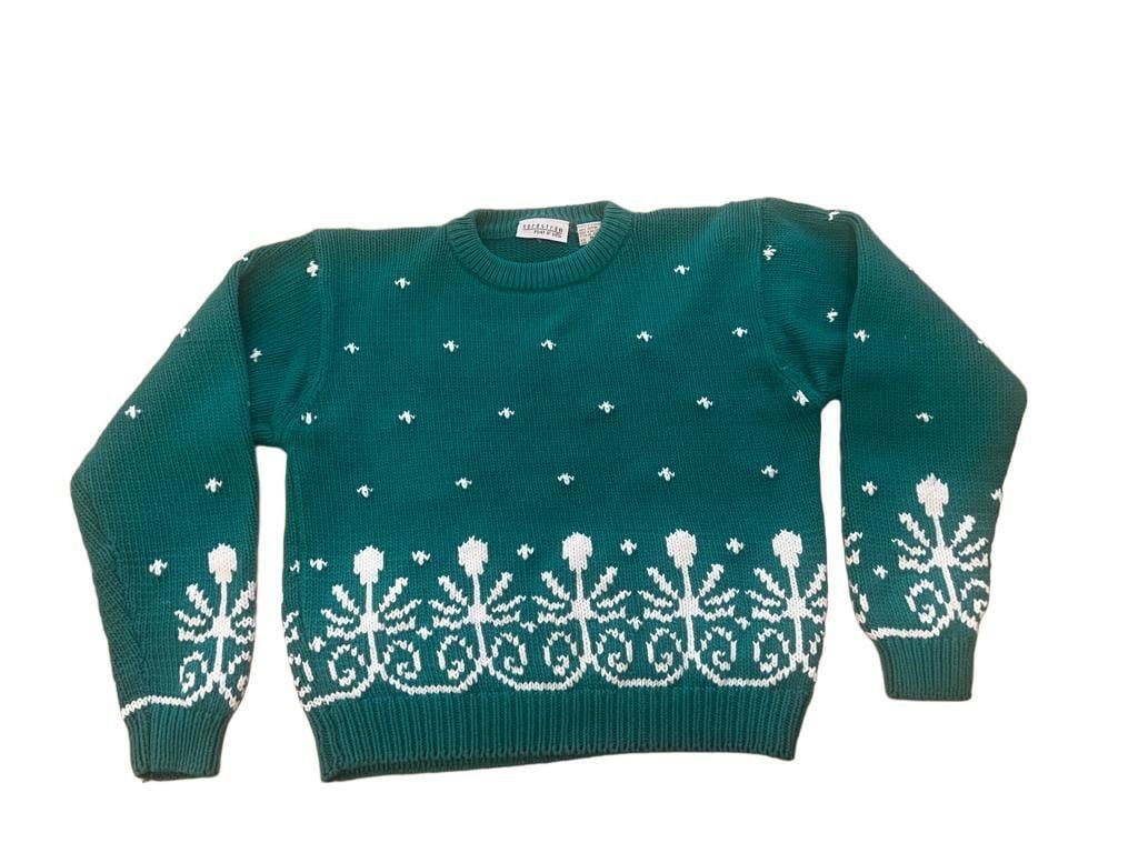 Vintage Nordstrom Point of View Sweater Womens M Teal Green Floral 100% Cotton 7