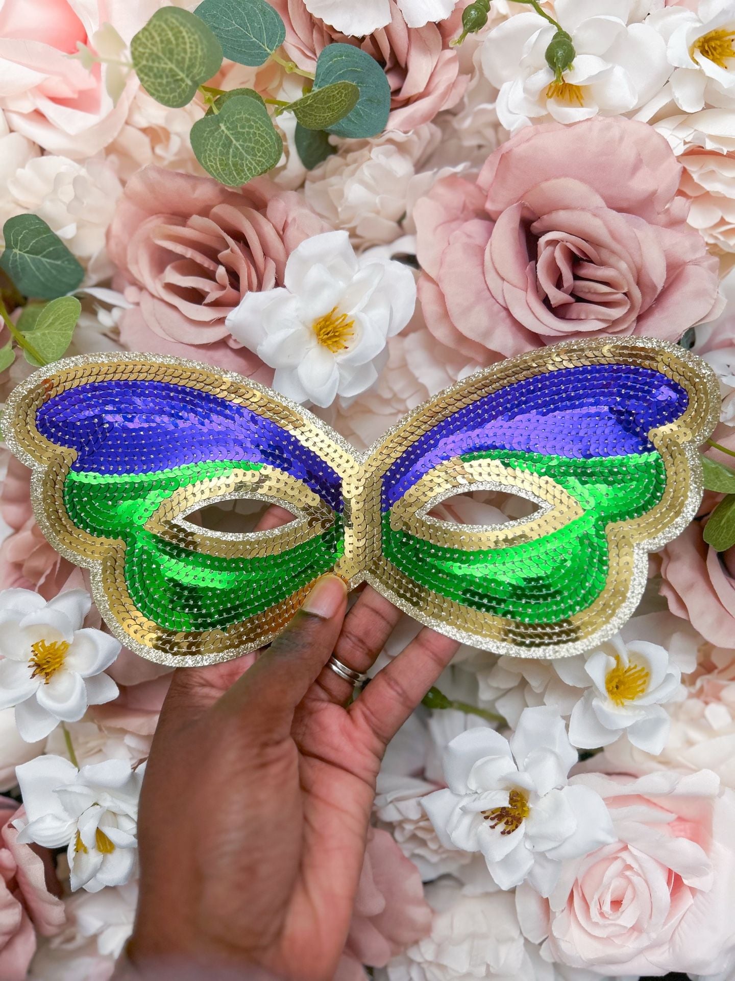 Mardi Gras Sequin Butterfly Eye Mask Green Purple Gold 2