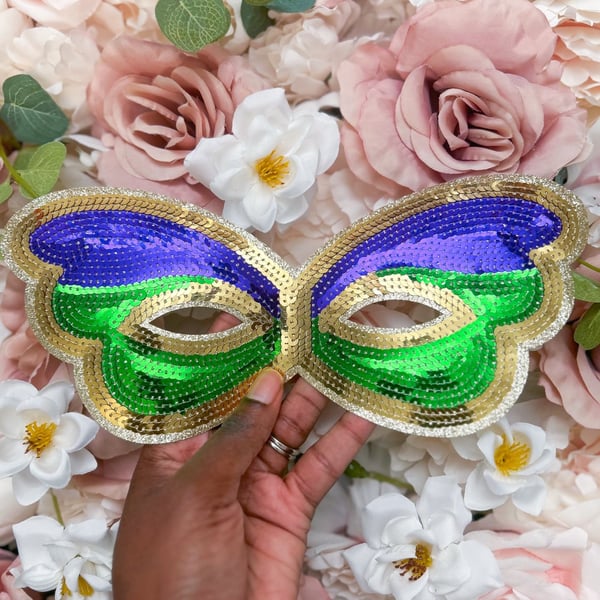 Mardi Gras Sequin Butterfly Eye Mask Green Purple Gold