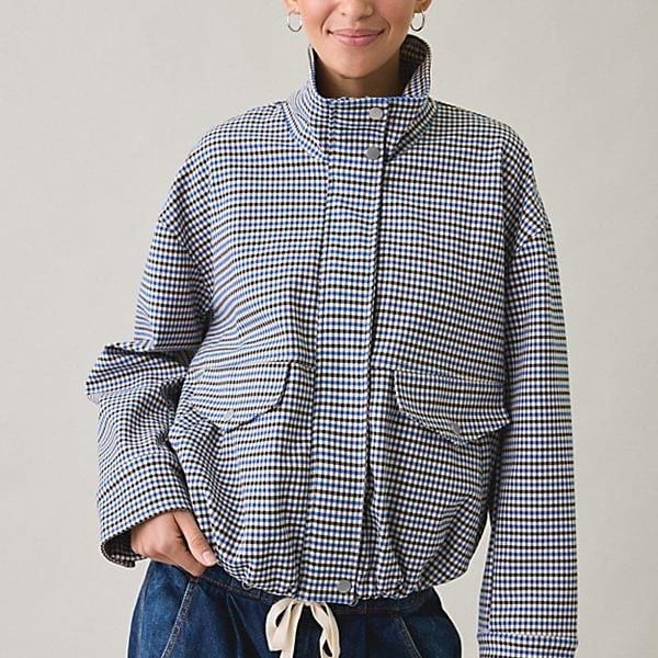 Urban Outfitters Gingham Check Bomber Jacket Size S Blue Black White
