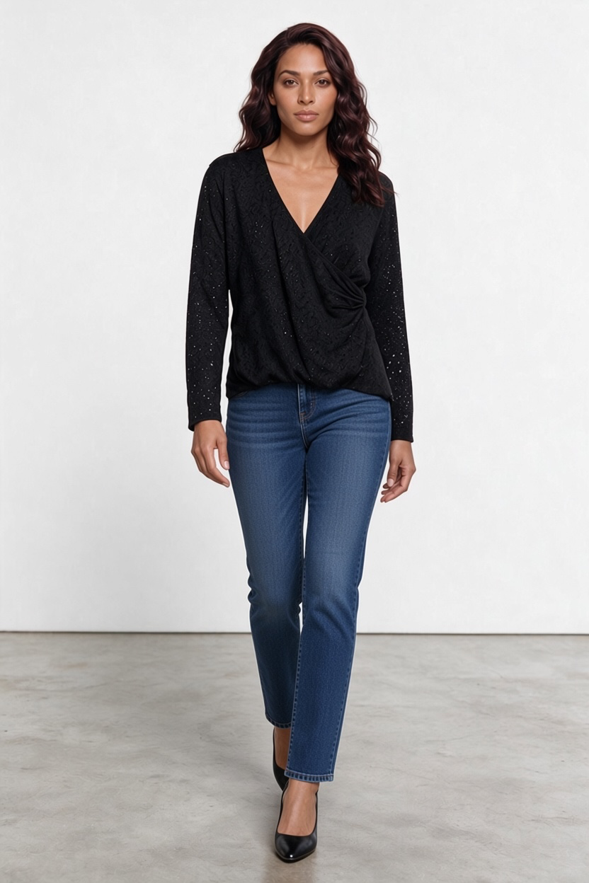 Jones New York Black Lace Wrap Top Size L Long Sleeve V-Neck 2